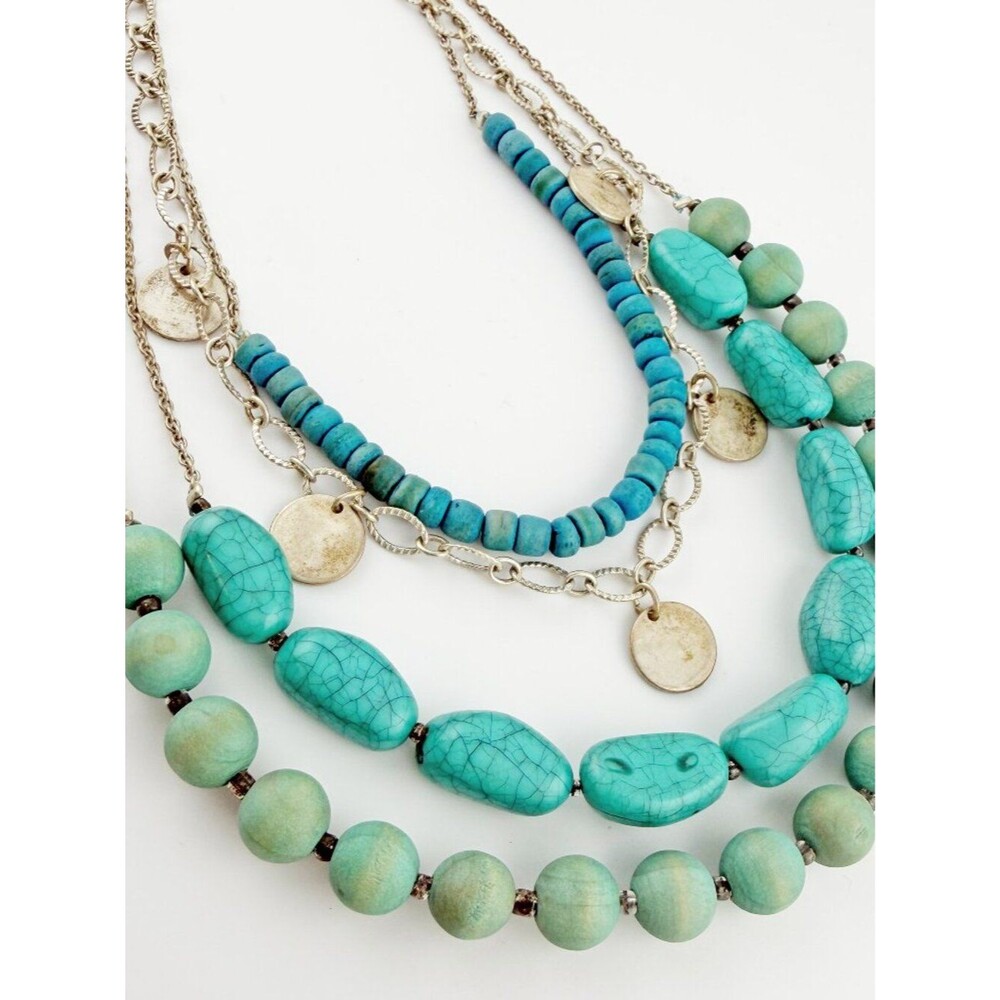 Express Boho Turquoise & Silver Layered Statement Necklace - 4 Tier Coin Beaded